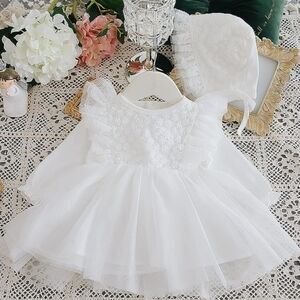 Christening - White Lace Baby Dress with Bonnet